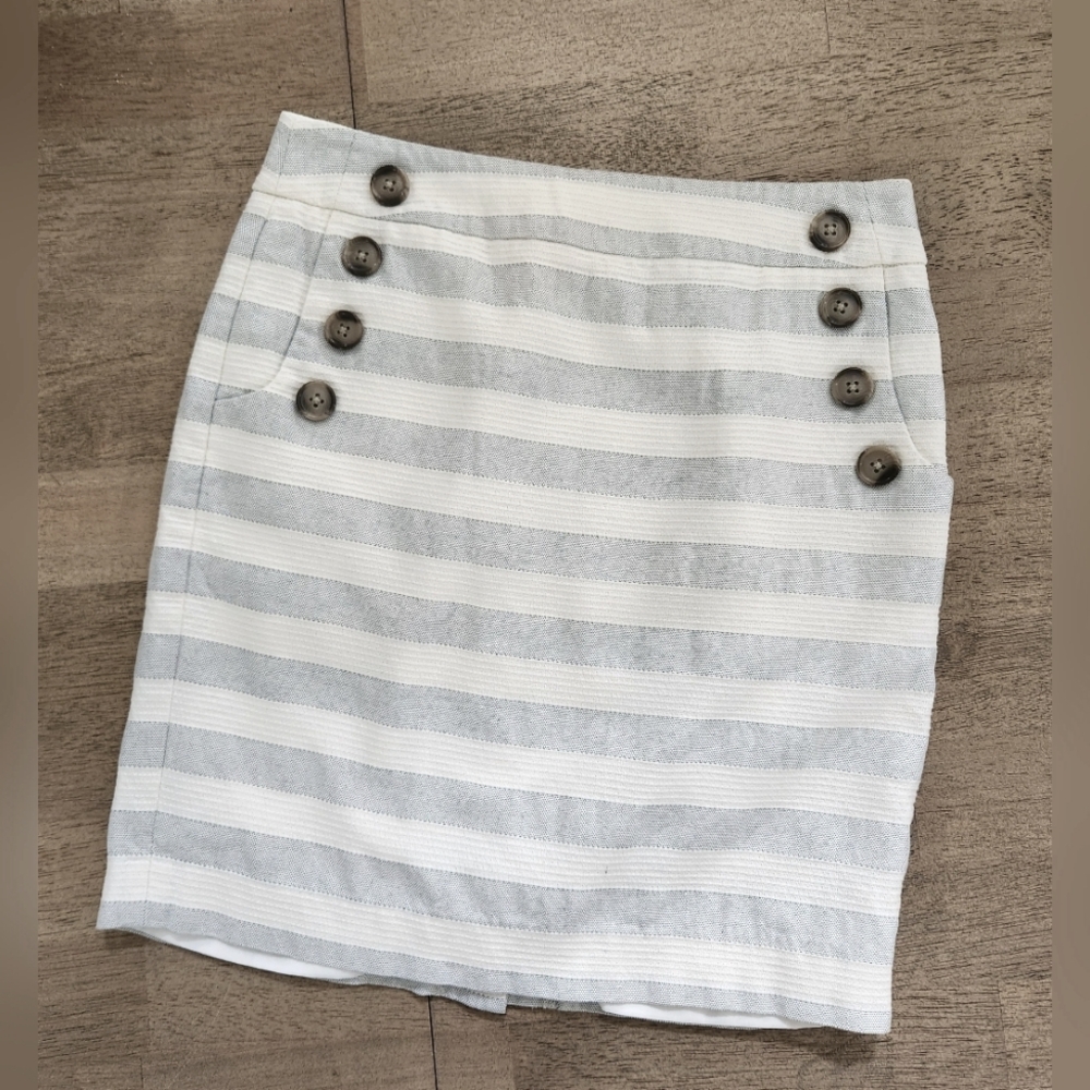 Ann Taylor Loft Sailor Skirt Gray Ivory Striped Button Pencil Mini Size 6P (D22)